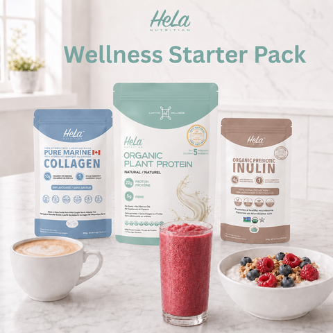 Hela Nutrition Wellness Starter Pack featuring three product pouches: Pure Marine Collagen, Organic Plant Protein, and Organic Prebiotic Inulin, styled with a coffee cup, a pink smoothie, and a bowl of cereal on a marble countertop.